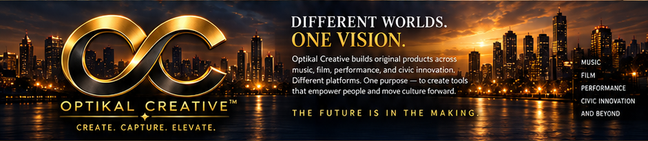 Optikal Creative. DIFFERENT WORLDS. ONE VISION. Optikal Creative builds original products across music, film, performance, and civic innovation. Different platforms. One purpose — to create tools that empower people and move culture forward. THE FUTURE IS IN THE MAKING.